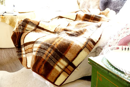 Echte Schurwolle Merinowolle Decke Überwurf 220x200 cm Wärme der Natur~KARIERT~ WOLLE