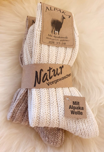 Wollsocken 2 Paar Alpaka Socken weiß(ecru)/beige Grobstrick Wolle 60% Schafwolle 40%Alpakawolle