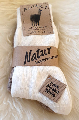 100% Alpakawolle Wollsocken 2 Paar Alpaka Socken weiß(ecru)/beige Feinstrick Wolle