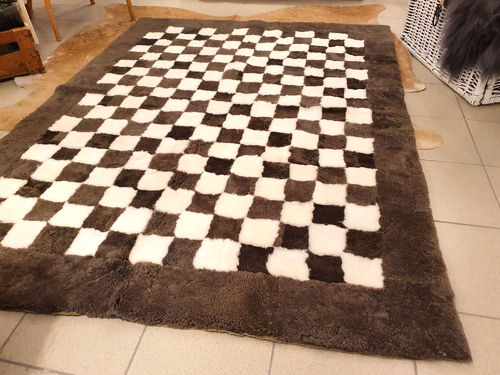 Decke Lammfell 200x160 cm Schaffell kleine Quadrate Überwurf Teppich Tagesdecke beige/weiß taupe